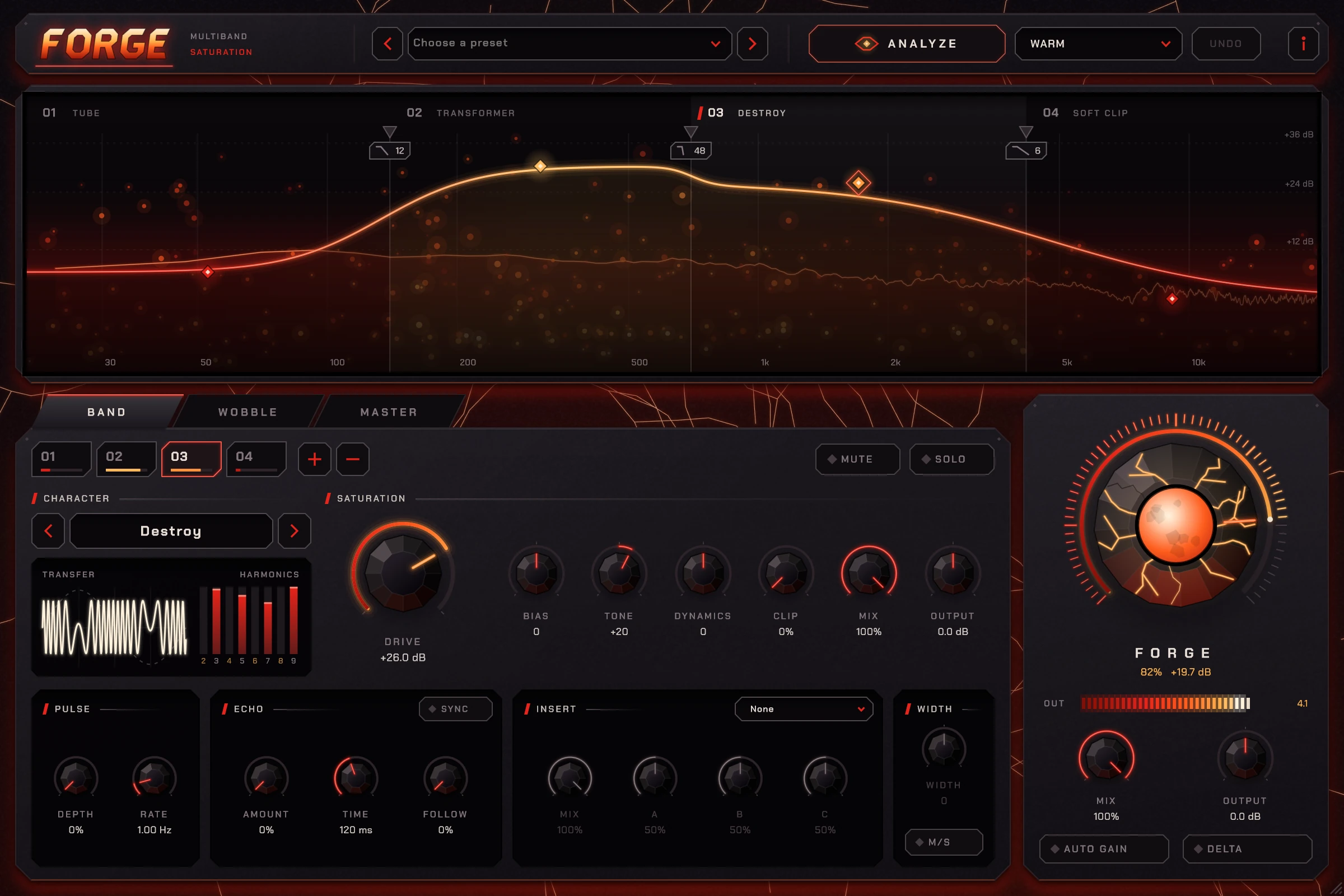 Forge's interface: four bands across the spectrum, each with its own saturation character, crossovers at 12, 48 and 6 dB/oct, and the FORGE core glowing at 82%.